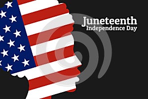 Juneteenth Freedom, Emancipation, Independence Day. June 19. African-American girl silhouette with national flag of