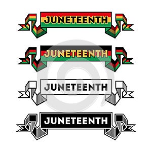 Juneteenth. Inscription on the decorative ribbon, for greeting card. Colorful, black and white. Isolated, white background.