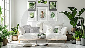 Jungalow Style Bright and Airy Living Room with White Sofa and Lush Indoor Plants