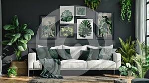 Jungalow Style Elegant Monochrome Living Room with Green Plant Accents