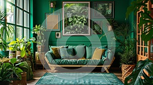 Jungalow Style Lush Green Living Room with Tropical Plant Decor