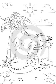 Jungle, Africa safari animal Crocodile coloring book edicational illustration for children. Vector white black cartoon