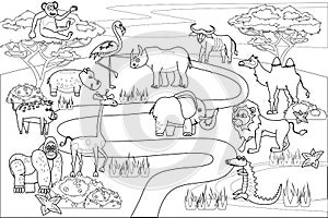 Jungle, Africa safari animals coloring book edicational illustration for children. Set cute lion, crocodile, monkey
