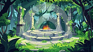 In the jungle, an ancient stone circle altar with fire is surrounded by pillars with pagan symbols. Modern cartoon