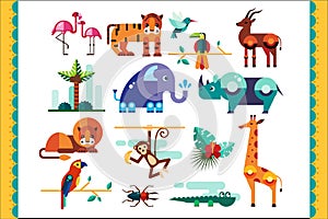 Jungle animals, birds and plants set, summer tropical elements, flamingo, tiger, gazelle, elephant, rhinoceros, monkey