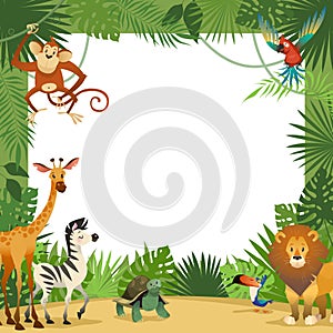 Jungle animals card. Frame animal tropical leaves greeting baby banner zoo border template party children photo