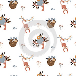 Jungle animals fun cute seamless pattern vector. Childish cartoon background with monkey, koala and sloth.