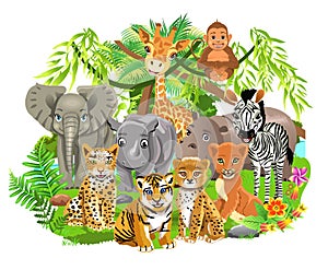 Jungle animals like elephant, zebra, giraffe, lion, tiger in the tropical forest