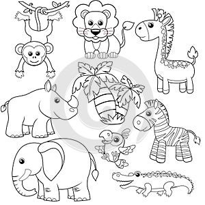 Jungle animals. Lion, elephant, giraffe, monkey, parrot, crocodile, zebra and rhinoceros