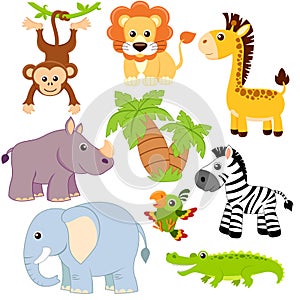 Jungle animals. Lion, elephant, giraffe, monkey, parrot, crocodile, zebra and rhinoceros