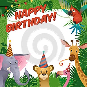 Jungle animals party card. Happy birthday baby shower greeting tropical zoo celebrate kids invitation template