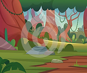 Jungle background. Cartoon outdoor forest landscape with jungle trees. Vector illustration