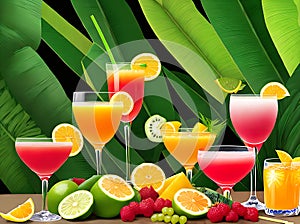 Jungle background cocktails fruits leaves textured 3D.