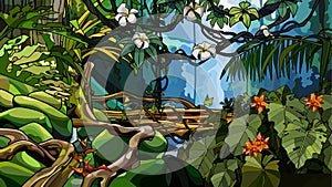 Jungle background with thickets of tropical trees and plants