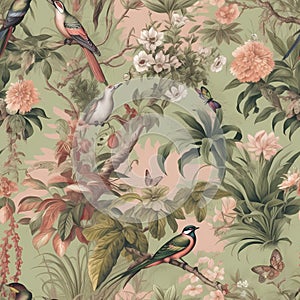 Jungle chinoiserie wallpaper Featuring a design of tropical birds in green and pink background seamless pattern photo