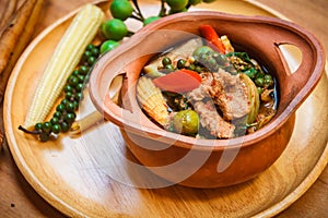 Jungle curries Kaeng Pa serve with beef, vegetable, herbs healthy vegetable soup