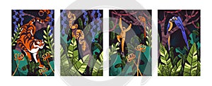 Jungle fauna poster set. Tropical animals in rainforest. Tiger walking in forest, monkey on tree. Amazon blue parrots