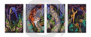 Jungle flora and fauna set. Tropical animal in rainforest: tiger, monkey, snake, blue macaw. Amazon parrots, exotic