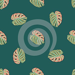 Jungle foliage seamless pattern with tropical monstera leaf ornament. Turquoise background. Random print