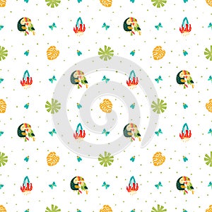 Jungle forest pattern toucan birds. Tropical plants, rainforest bright leaf flowers repeated background. Summer tropical