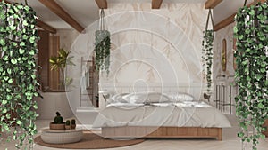 Jungle frame, biophilic concept idea interior design. Tropical leaves over boho bedroom and bathroom. Cerpegia woodii hanging