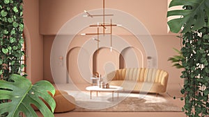 Jungle frame, biophilic concept idea interior design. Tropical leaves over classic retro living room. Cerpegia woodii and monstera