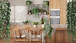 Jungle frame, biophilic concept idea interior design. Tropical leaves over minimal kitchen with dining table. Cerpegia woodii