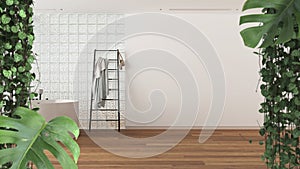 Jungle frame, biophilic concept idea interior design. Tropical leaves over minimal white bathroom with grass brick wall. Cerpegia