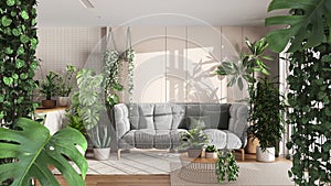 Jungle frame, biophilic concept idea interior design. Tropical leaves over modern kitchen and living room with houseplants.