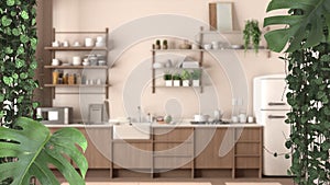 Jungle frame, biophilic concept idea interior design. Tropical leaves over modern scandinavian kitchen. Cerpegia woodii and