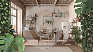 Jungle frame, biophilic concept idea interior design. Tropical leaves over modern scandinavian kitchen and dining room. Cerpegia