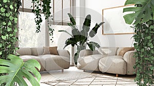 Jungle frame, biophilic concept idea interior design. Tropical leaves over modern white living room with houseplants. Cerpegia