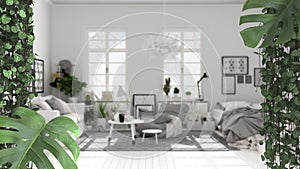 Jungle frame, biophilic concept idea interior design. Tropical leaves over scandinavian bedroom with sofa. Cerpegia woodii and