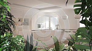 Jungle frame, biophilic idea. Tropical leaves over classic white kitchen and dining room. Urban jungle interior design. Biophilia