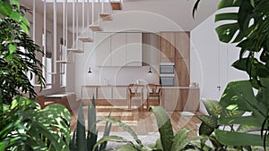 Jungle frame, biophilic idea. Tropical leaves over minimal kitchen with dining island. Urban jungle interior design. Biophilia
