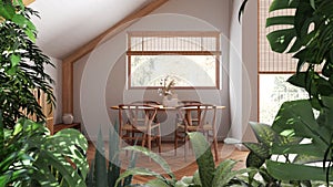 Jungle frame, biophilic idea. Tropical leaves over minimal white dining room with table and chairs. Urban jungle interior design.