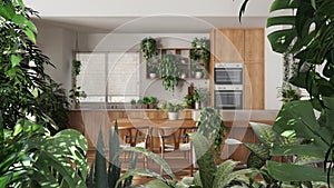 Jungle frame, biophilic idea. Tropical leaves over minimalist white kitchen and dining room with many houseplants. Urban jungle