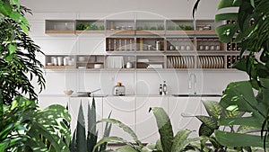 Jungle frame, biophilic idea. Tropical leaves over minimalist white kitchen and dining room. Urban jungle interior design.