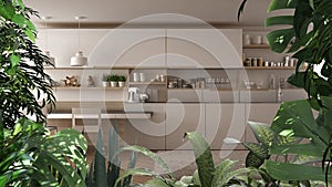 Jungle frame, biophilic idea. Tropical leaves over modern white kitchen and dining room. Urban jungle interior design. Biophilia