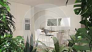 Jungle frame, biophilic idea. Tropical leaves over modern white kitchen and dining room. Urban jungle interior design. Biophilia