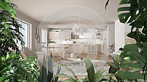 Jungle frame, biophilic idea. Tropical leaves over modern white kitchen and dining room. Urban jungle interior design. Biophilia