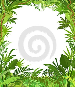 Jungle frame. Green tropical trees, herbs and shrubs. Flat cartoon style. Green exotic landscape. Isolated on white