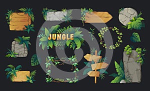 Jungle game. Stone or wooden blank boards. Exotic forest elements. Wood frame with palm leaves and lianas. Rainforest