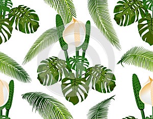 Jungle. Green tropical palm leaf, monster flowers. Seamless floral pattern. Isolated on white background. illustration