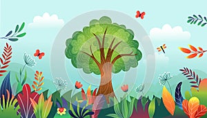 Jungle kids tales, fairytale gardening. Children enchanted tale, forest garden for fairy kid, coloring landscape. Nature