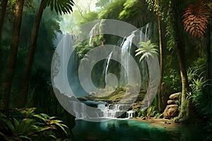 Jungle landscape with deep tropical rain forest, waterfall, water