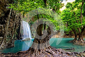 Erawan cascade waterfall at deep tropical rain forest