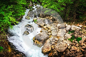 Jungle landscape with flowing turquoise water of georgian cascade waterfall at deep green forest. Mountain of georgia