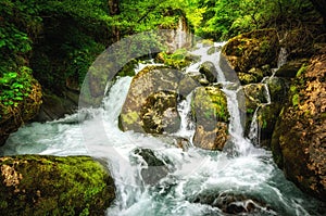 Jungle landscape with flowing turquoise water of georgian cascade waterfall at deep green forest. Mountain of georgia