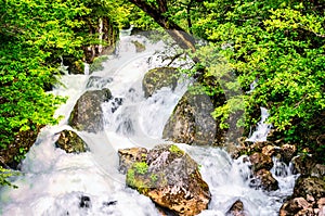 Jungle landscape with flowing turquoise water of georgian cascade waterfall at deep green forest. Mountain of georgia